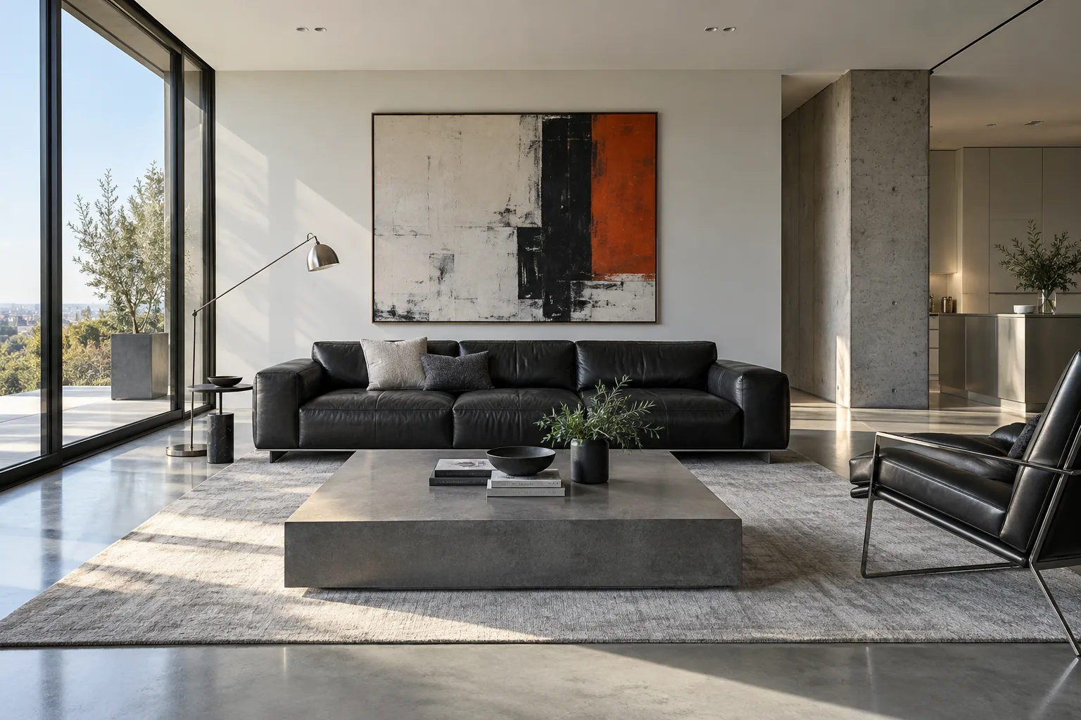 Visualización de Archmazing con sofá de cuero, mesa de centro de hormigón y decoración contemporánea.