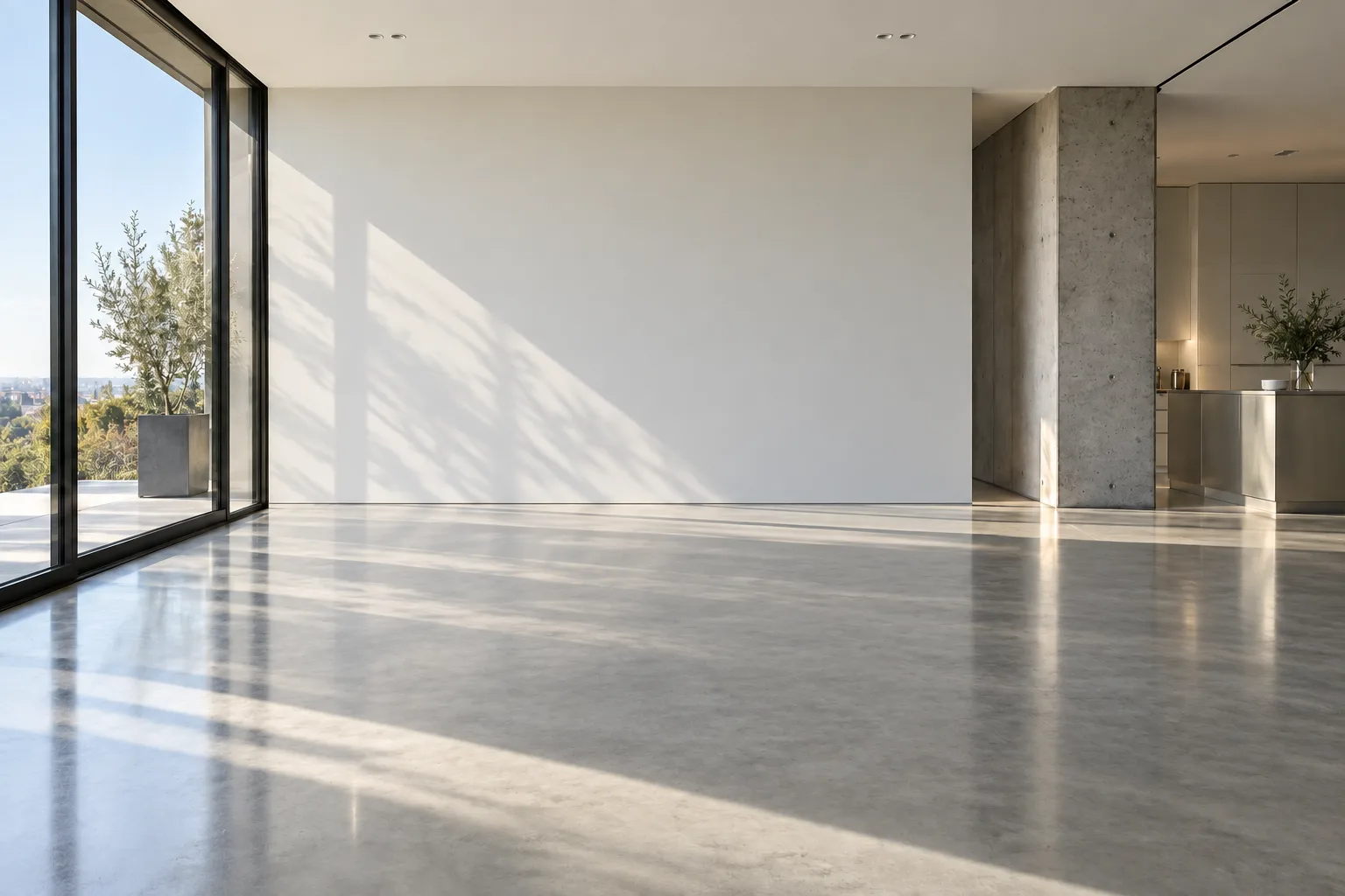 Interior original vacío con una ventana a la izquierda y una columna de hormigón a la derecha.