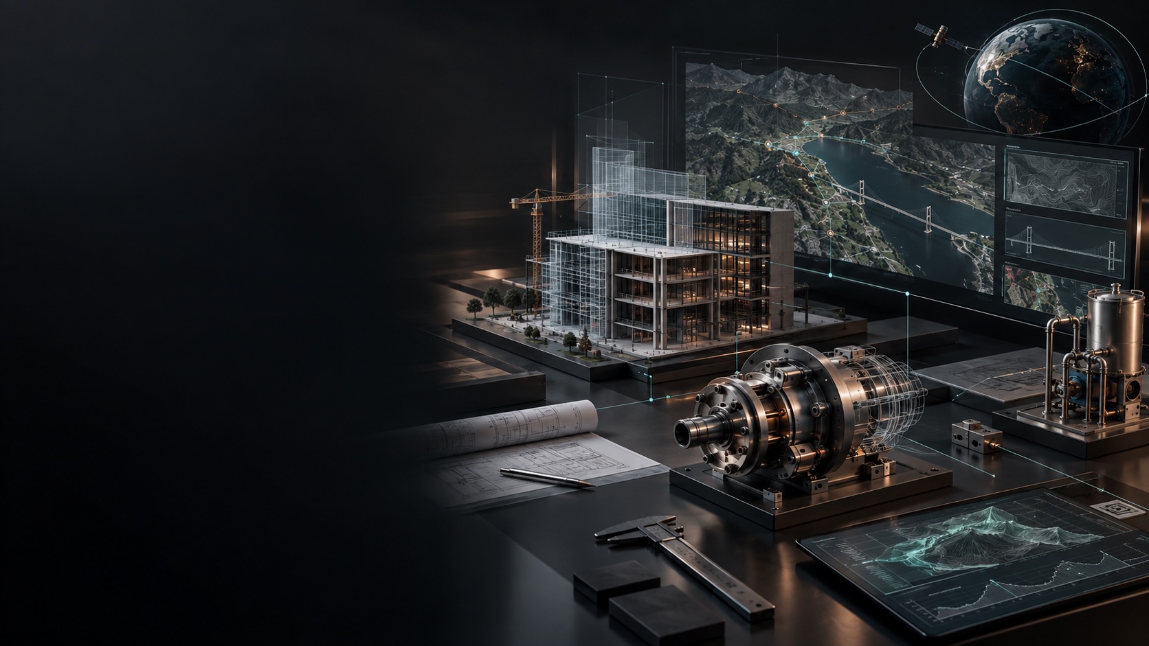 Modelos CAD/BIM, sistemas mecánicos, documentos técnicos, mapas geoespaciales y conectividad por satélite conectados mediante software de ingeniería.