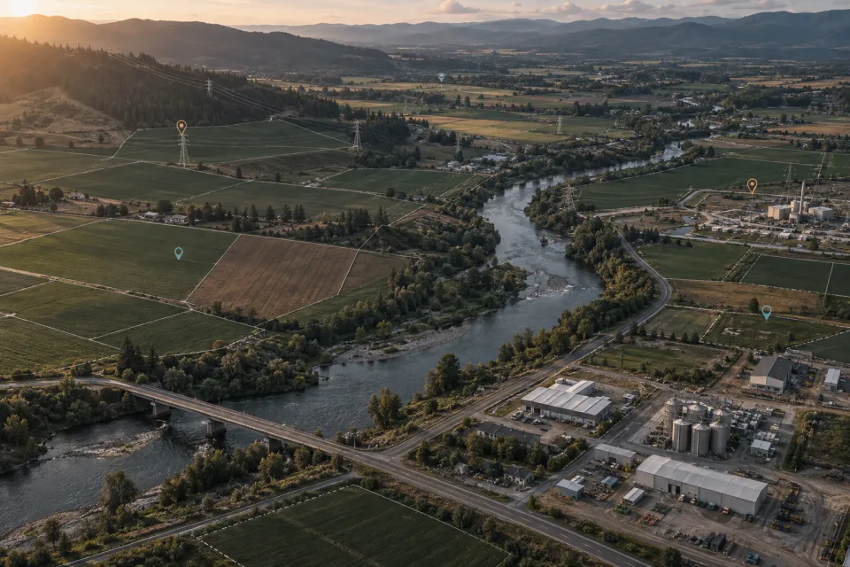 Terreno, carreteras y activos industriales vistos desde el aire con capas de cartografía espacial.