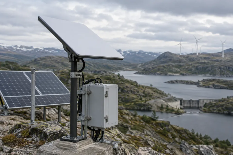 Terminal de comunicación por satélite y equipos de telemetría en una instalación remota.