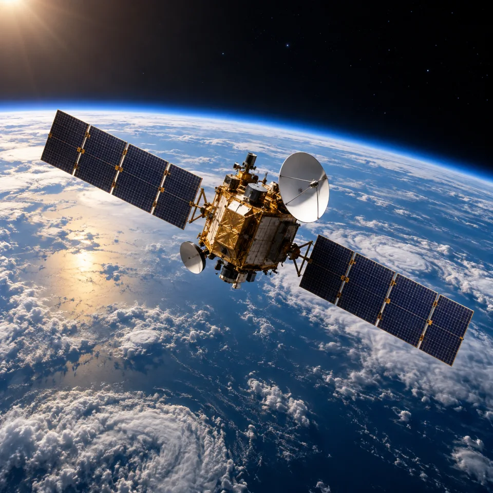 Communications satellite with solar panels in orbit above Earth.