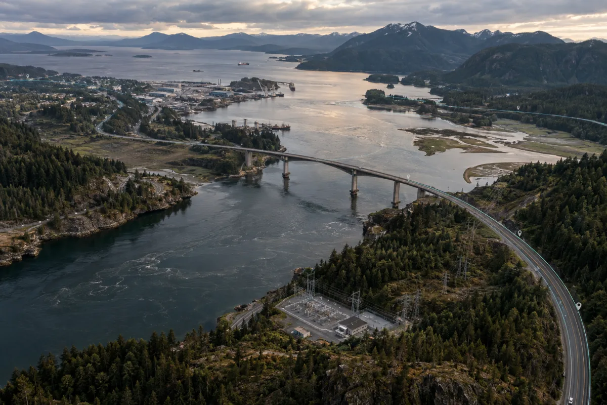 Photorealistic aerial visualization of a bridge, roads and energy infrastructure with subtle spatial data overlays.