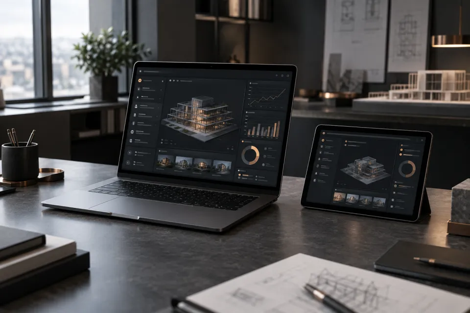 Portátil y tablet con un panel web de ingeniería.